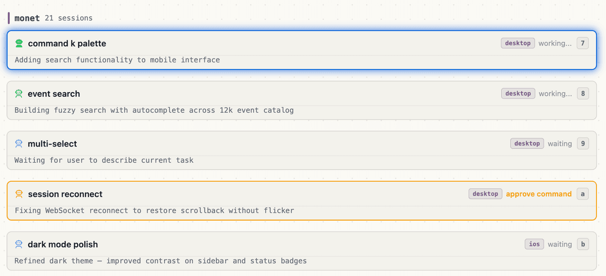 List layout showing agent sessions with descriptions
